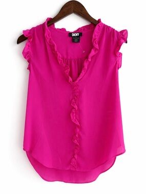 DKNY Radiant Pink Ruffle Sleeveless Blouse Size M NWT Sheer Flowy Top